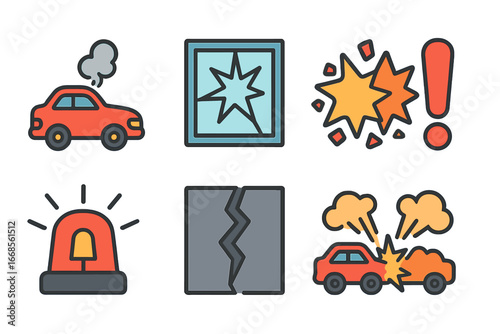 Colorful Crash Icons. Flat vector mini-illustrations crash in colors children's illustrations: broken car, shattered glass,
