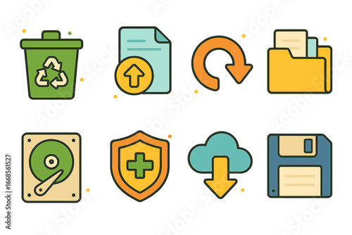 Colorful Data Recovery Icons. Flat vector mini-illustrations file recovery in colors children's illustrations: recycle bin, file