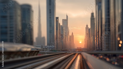 Urban sunset cityscape. Blurred modern city skyscrapers line a metro track at golden hour