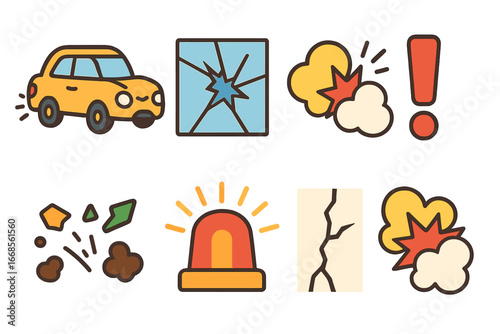 Colorful Crash Icons. Flat vector mini-illustrations crash in colors children's illustrations: broken car, shattered glass,