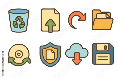 Colorful Data Recovery Icons. Flat vector mini-illustrations file recovery in colors children's illustrations: recycle bin, file