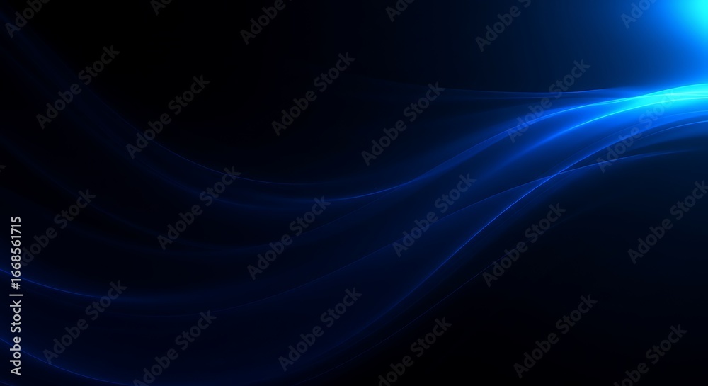 Naklejka premium Abstract glowing blue light waves on a dark black background with lens flare