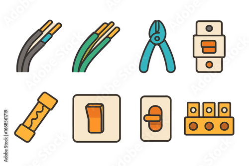 Colorful Electrical Icons. Flat vector mini-illustrations electrical wires in colors children's illustrations: power cable, ground