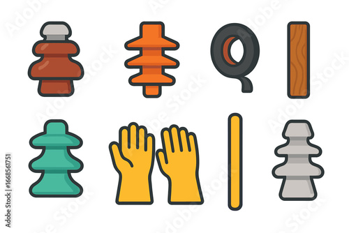Colorful Electrical Insulators. Flat vector mini-illustrations insulator in colors children's illustrations: ceramic insulator,