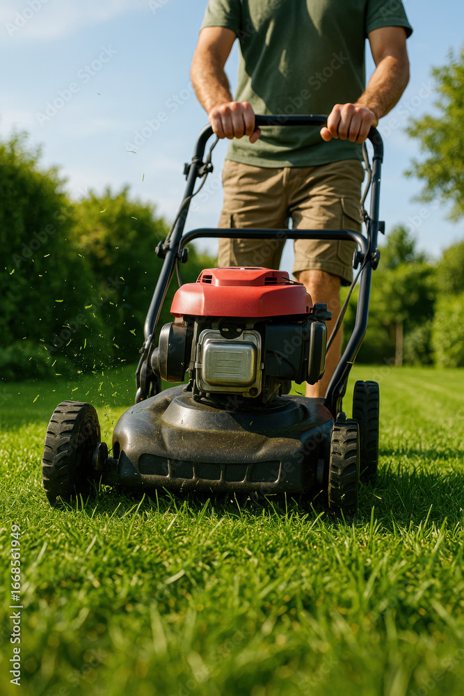 Man mowing lawn with a gasoline lawnmower on a sunny summer day. Garden care and backyard landscaping. Man mowing lawn with a gasoline lawnmower on a sunny summer day. Garden care and backyard landscaping.