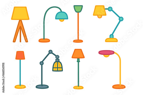 Colorful Floor Lamp Icons. Flat vector mini-illustrations floor lamps in colors children's illustrations: tripod lamp, arc lamp,