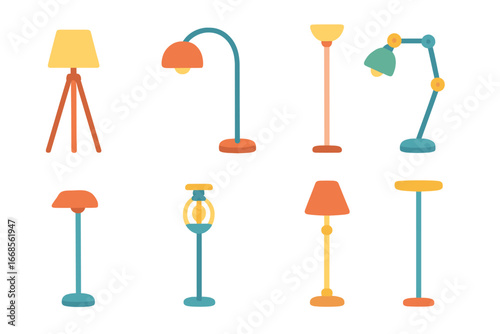 Colorful Floor Lamp Icons. Flat vector mini-illustrations floor lamps in colors children's illustrations: tripod lamp, arc lamp,