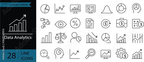 Data Analytics icon collection. Minimalist icons pack. Including analytics, research, analysis, data, computing, statistics, management. Editable stroke collections. Data Analysis icon set.