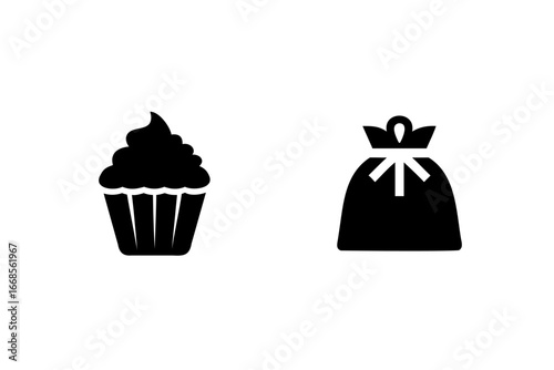 Festive birthday icons cupcake and gift bag for celebrations and parties