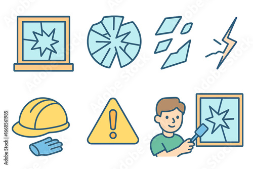 Colorful Glass Safety. Flat vector mini-illustrations glass burst in colors children's illustrations: broken window, shattered