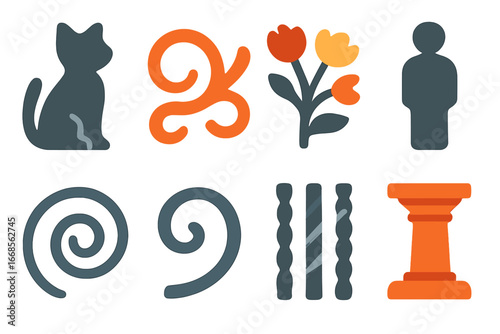 Colorful Iron Sculptures. Flat vector mini-illustrations iron sculpture elements in colors children's illustrations: animal figure