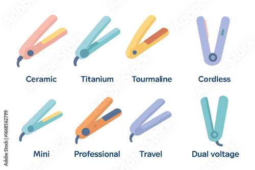 Colorful Flat Iron Icons. Flat vector mini-illustrations flat iron types in colors children's illustrations: ceramic flat iron,