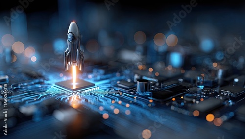 Wallpaper Mural Futuristic rocket launching from a central processor chip on a circuit board.  A high-tech, 3D rendering Torontodigital.ca