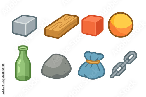 Colorful Material Icons. Flat vector mini-illustrations mass and materials in colors children's illustrations: steel block, wood