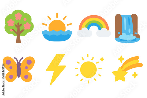Colorful Nature Icons. Flat vector mini-illustrations Nature miracles in colors children's illustrations: blooming tree, sunrise,