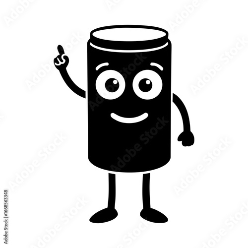Cartoon can mascot character pointing happy cute beverage silhouette vector illustration