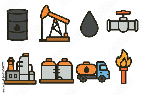 Colorful Oil Icons. Flat vector mini-illustrations crude oil in colors children's illustrations: crude oil barrel, drilling rig,
