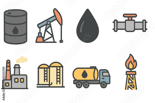 Colorful Oil Icons. Flat vector mini-illustrations crude oil in colors children's illustrations: crude oil barrel, drilling rig,