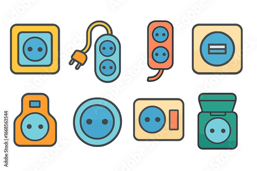 Colorful Power Sockets. Flat vector mini-illustrations power sockets in colors children's illustrations: wall socket, extension