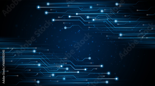 Blue glowing lines with light effect on dark background. High speed internet technology concept or fast wireless data transmission.
