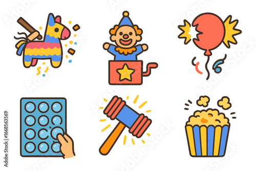 Colorful Playful Icons. Flat vector mini-illustrations playful smashing in colors children's illustrations: pinata break,