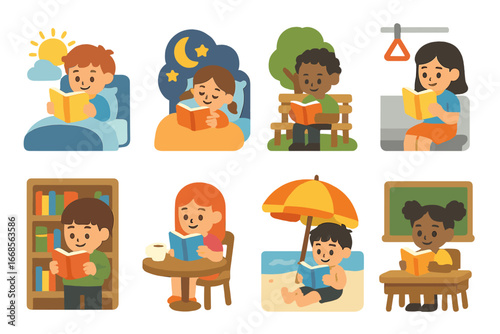 Colorful Reading Vignettes. Flat vector mini-illustrations e-book reading habits in colors children's illustrations: morning