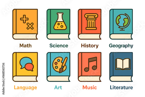 Colorful School Subject Icons. Flat vector mini-illustrations school subjects in colors children's illustrations: math textbook,