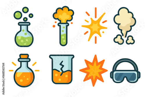 Colorful Science Icons. Flat vector mini-illustrations science explosion in colors children's illustrations: chemical reaction