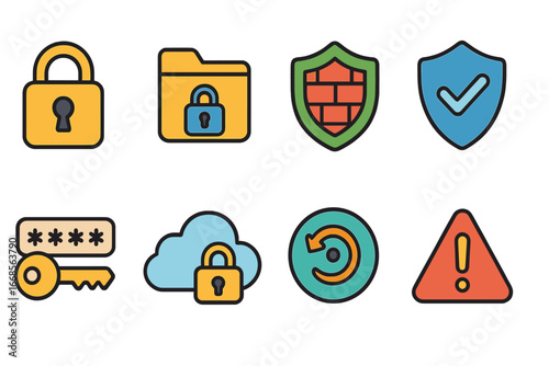 Colorful Security Icons. Flat vector mini-illustrations data protection in colors children's illustrations: lock icon, encrypted