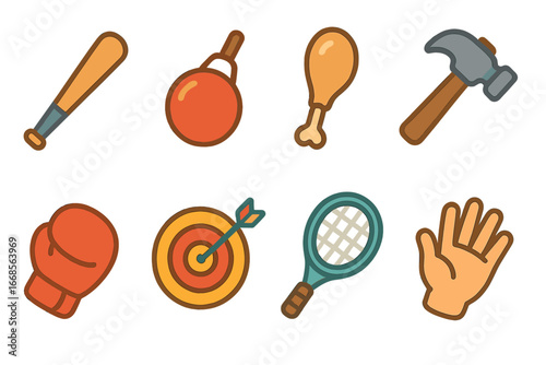 Colorful Sports Icons. Flat vector mini-illustrations hit in colors children's illustrations: baseball bat, punching glove,
