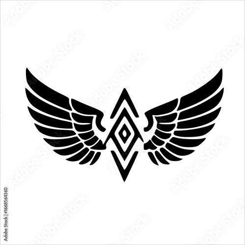 Black and white stylized wings emblem with a central diamond shape.
