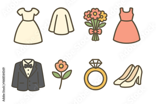 Colorful Wedding Icons. Flat vector mini-illustrations Wedding gowns in colors children's illustrations: bridal gown, veil,