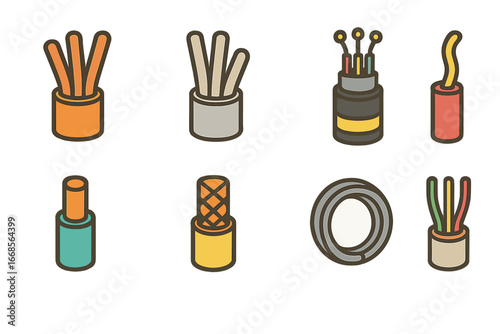Colorful Wire Illustrations. Flat vector mini-illustrations wire types in colors children's illustrations: copper wire, aluminum