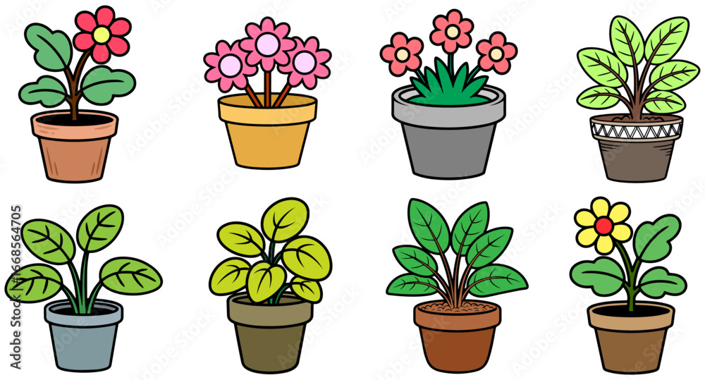 Fototapeta premium Colorful Flowers and Flower Pot Hand-Drawn Vector Set – Botanical Illustration Collection Isolated on Transparent Background.