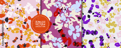 Trendy set of seamless patterns with abstract colorful flowers in vector. Backgrounds, prints, design elements, wrapping papers