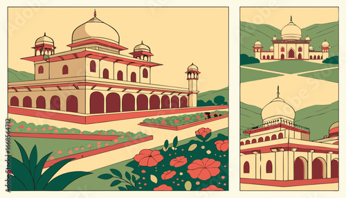 Traditional Mughal landscape wallpaper illustrations. Mughal palace Jaipur in Rajasthani style wallpaper.