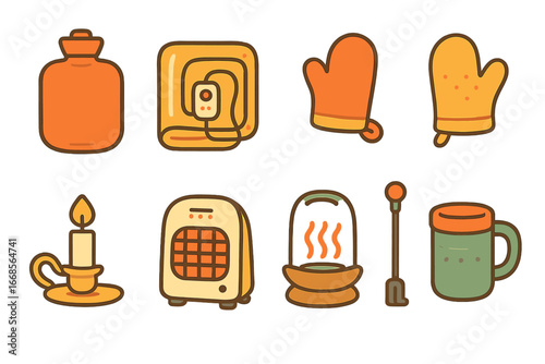 Cozy Home Essentials. Flat vector mini-illustrations warmth tools in colors children's illustrations: hot water bottle, electric