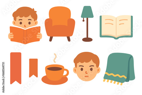 Cozy Reading Scene Icons. Flat vector mini-illustrations chapter reading in colors children's illustrations: child reading book,