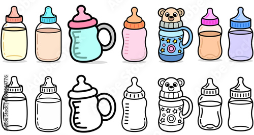 Baby Milk Feeding Bottles Vector Set – Infant Care, Plastic and Glass Feeding Bottle Icons Collection Isolated on Transparent Background