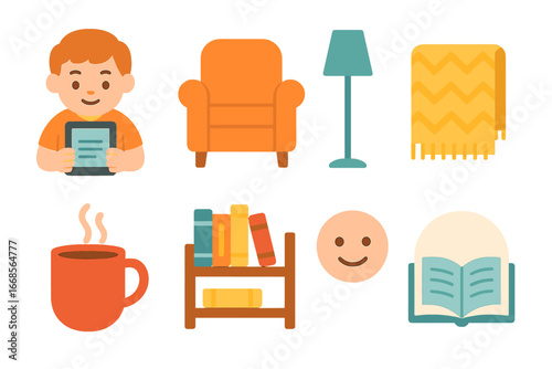Cozy Reading Corner. Flat vector mini-illustrations kindle reading in colors children's illustrations: child reading kindle, comfy