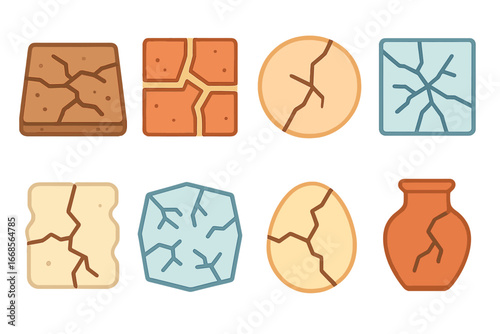 Cracked Surfaces Icons. Flat vector mini-illustrations cracked surfaces in colors children's illustrations: cracked pavement,