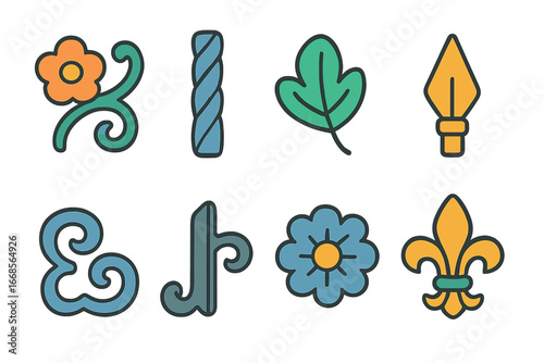 Decorative Metal Motifs. Flat vector mini-illustrations decorative metal elements in colors children's illustrations: floral