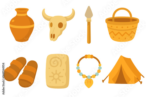 Desert Artifacts Icons. Flat vector mini-illustrations desert artifacts in colors children's illustrations: pottery, skull, spear,