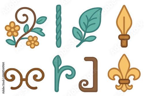 Decorative Metal Motifs. Flat vector mini-illustrations decorative metal elements in colors children's illustrations: floral