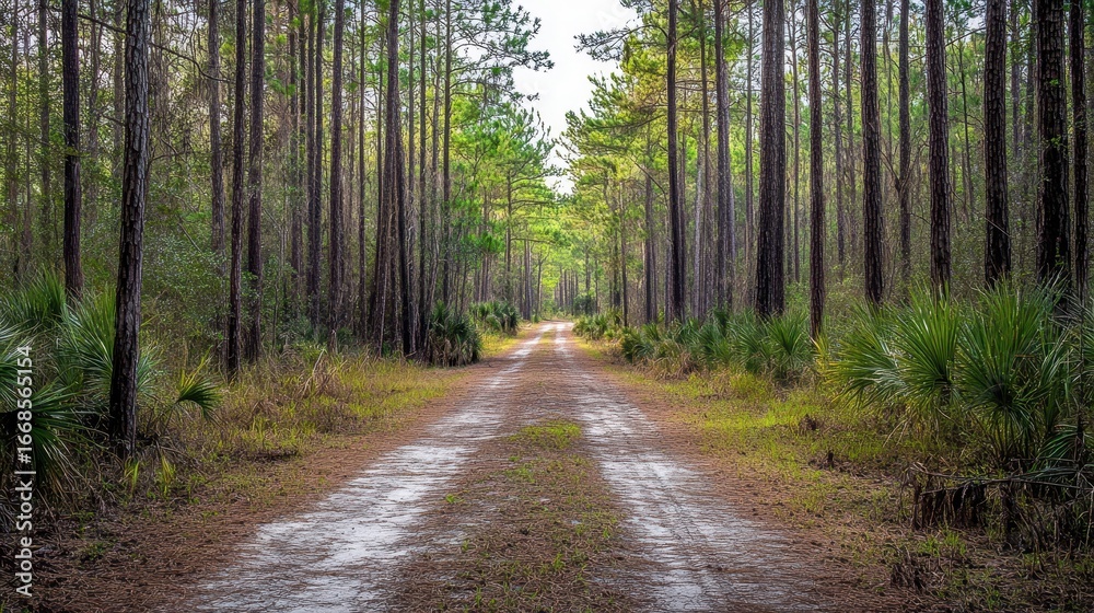 Obraz premium Scenic View of Florida's Wild Forest: A Serene Landscape of Tall Pines and Lush Greenery Along a Tranquil Road