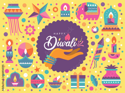 Happy Diwali Hindu festival poster design with colorful oil lamps, lanterns, fireworks and gift icons.
