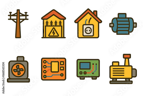 Electrical Icons for Kids. Flat vector mini-illustrations transformer applications in colors children's illustrations: power line,