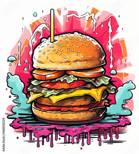 A vibrant and artistic illustration of a delicious burger with layers of toppings and a colorful background.