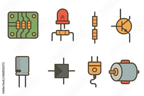 Electronics Icons for Kids. Flat vector mini-illustrations resistance in electronics in colors children's illustrations: PCB with