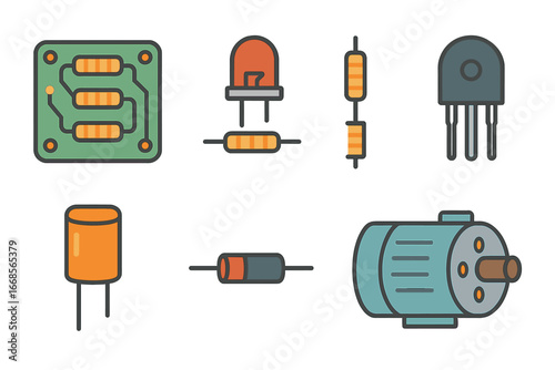Electronics Icons for Kids. Flat vector mini-illustrations resistance in electronics in colors children's illustrations: PCB with